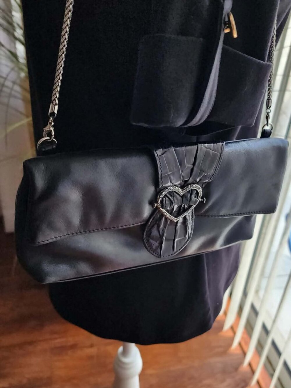 Brighton Black Genuine Leather Crossbody Bag Caiman Trim Heart Chain